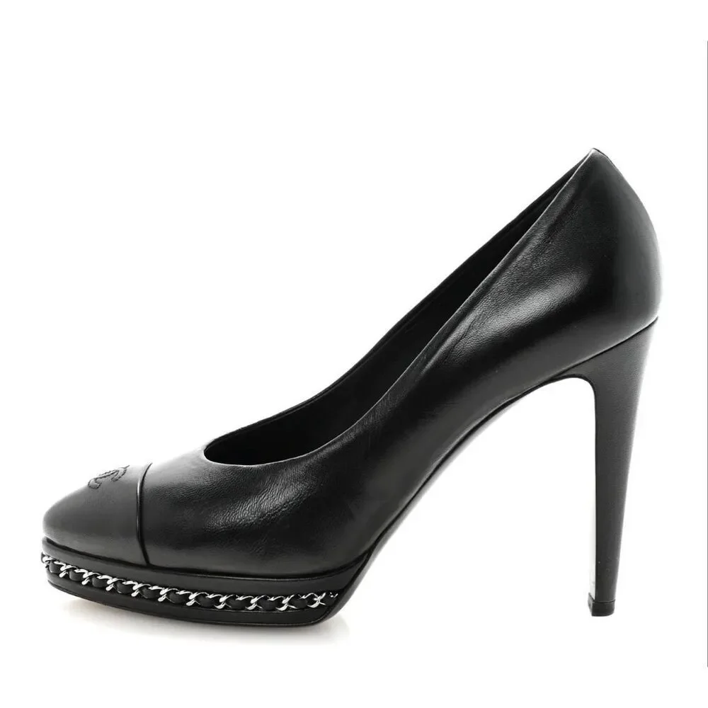 Chanel Lambskin CC Cap Toe Platform Chain Pumps size 36.5 Black